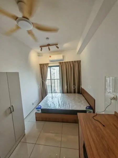 Bedroom features: queen-size bed, wood headboard, 2 bedside lamps, built-in wardrobe, floor-to-ceiling window, curtains, 5-blade ceiling fan, air conditioning unit, tile flooring, decorative wall, wooden bedside table, wall-mounted electrical outlet; style: modern; view: city.