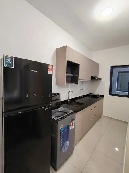 Kitchen features: black refrigerator, built-in kitchen cabinets in light brown, black countertop, single-bowl stainless-steel sink, chrome pull-down faucet, built-in oven, ceramic tile flooring, white painted walls, window with black frame, LED ceiling light; style: modern.