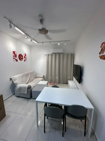 Living features: 3-seater fabric sofa in light grey, white coffee table, white dining table, 2 grey upholstered dining chairs, white painted walls, recessed LED downlights, ceiling fan, floor-to-ceiling curtains in light grey, wall-mounted TV, tile flooring in white, decorative wall art in red; style: modern.