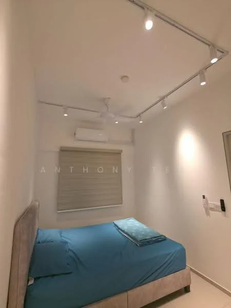 Bedroom features: queen-size bed with grey upholstered headboard, blue bedding, white walls, recessed LED downlights, ceiling fan, wall-mounted air conditioning unit, roller blinds, light-colored flooring, mirror on wall; style: modern.