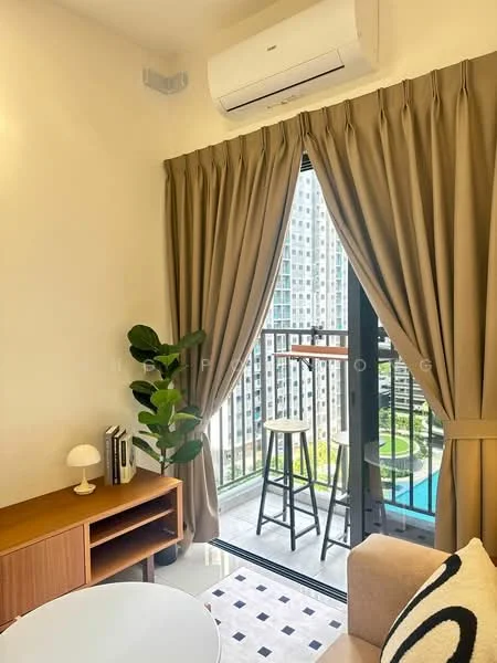 Living features: floor-to-ceiling windows, curtains in beige, air conditioning unit, wooden sideboard, decorative plant, round coffee table, bar stools, balcony access, view of swimming pool, tile flooring with geometric pattern; style: modern; view: pool.