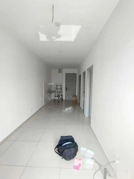 Room features: white painted walls, tile flooring, ceiling with light fixture, doorways leading to other rooms, ladders, backpack on the floor, paint supplies on the floor; style: modern.