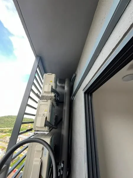 Room features: balcony, metal railing, air conditioning units, exterior wall, view of surrounding area, grey ceiling, sliding glass door; view: city.