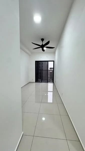 Room features: white painted walls, glossy ceramic tile flooring, 5-blade ceiling fan with light, floor-to-ceiling sliding glass door, black security grille, natural light from door, neutral color scheme, high ceiling; style: modern.