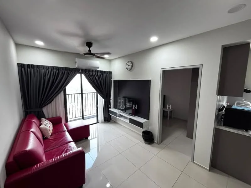 Living features: red leather 3-seater sofa, white wall-mounted TV console, wall-mounted TV, ceiling fan, recessed downlights, floor-to-ceiling windows, blackout curtains, white tiled flooring, clock on wall, open layout to kitchen, sliding glass door, view of balcony; style: modern; view: city. Room features: doorway leading to another room, light grey walls, white ceiling.