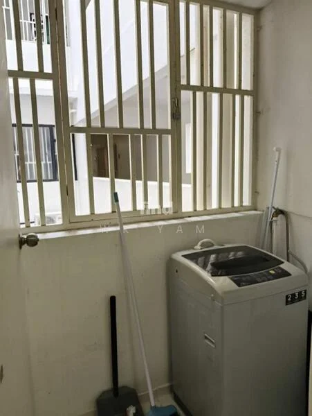 Laundry features: washing machine, window with security bars, white walls, tile flooring, cleaning supplies, broom, mop, bucket.