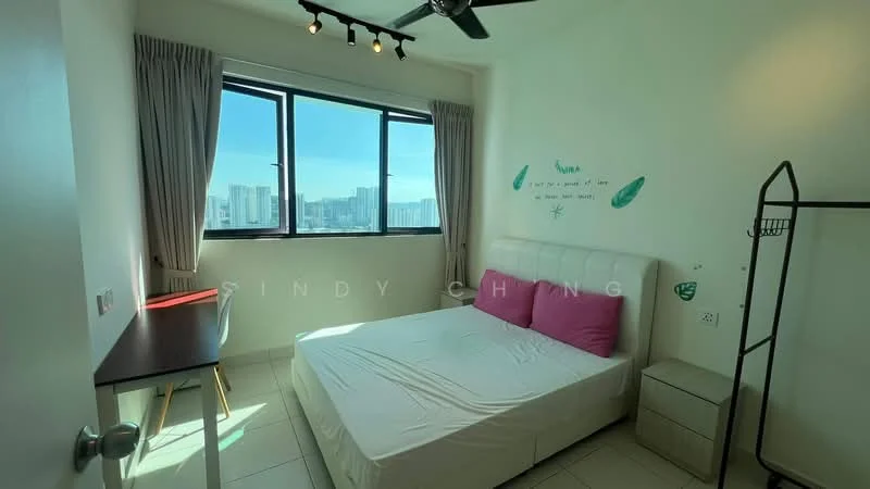 Bedroom features: queen-size bed with white upholstered headboard, pink decorative pillows, floor-to-ceiling window with city view, light grey curtains, ceiling fan with light, white painted walls, tile flooring, study desk with red lamp, open wardrobe rack, small bedside table; style: modern; view: city.