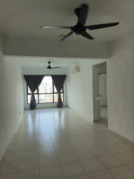 Living features: white painted walls, ceramic tile flooring, 2 ceiling fans, floor-to-ceiling windows, grey curtains, air conditioning unit, open layout, natural light; style: modern; view: city.