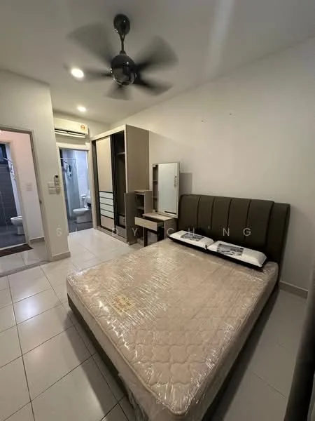 Bedroom features: king-size bed with upholstered headboard, mattress covered in plastic, ceiling fan, built-in wardrobe with sliding doors, nightstand, wall-mounted mirror, white painted walls, tile flooring, window with blinds; style: modern. Room features: doorway leading to bathroom, air conditioning unit.