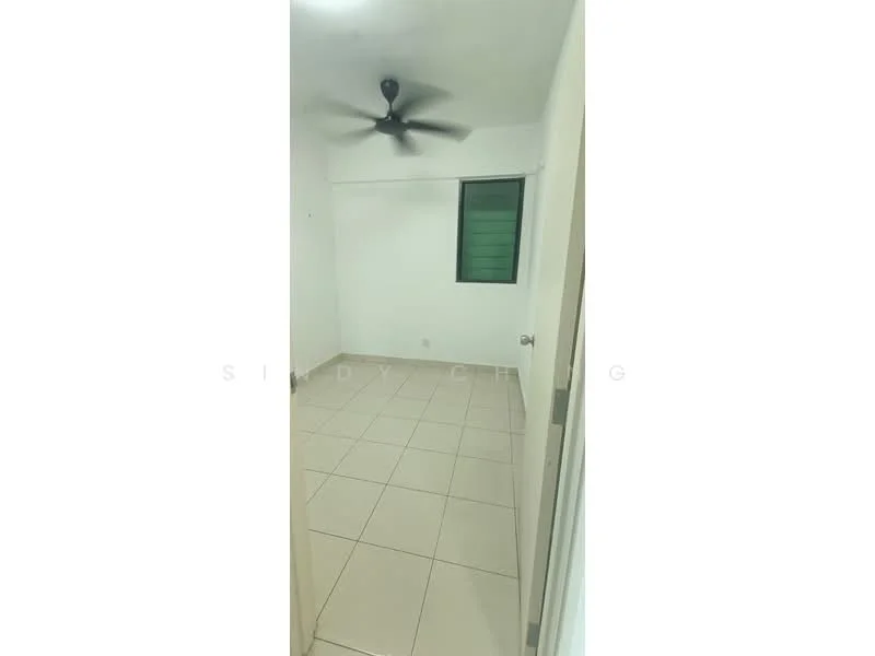 Room features: white painted walls, tiled flooring, ceiling fan, single window with green frame, neutral color scheme; style: modern.
