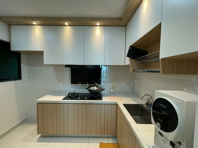 Kitchen features: white cabinetry with flat-panel design, wooden cabinetry with horizontal grain, marble countertop, stainless-steel sink, chrome pull-down faucet, built-in gas hob, black wall-mounted range hood, black wall-mounted TV, recessed LED downlights, tile flooring, open shelving, window with black frame; style: modern.