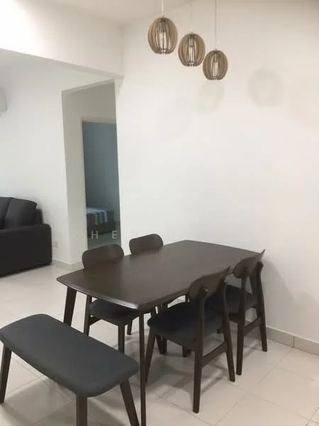 Dining features: wooden dining table, 4 dining chairs, bench seating, pendant lighting, white painted walls, tile flooring, air conditioning unit, open layout to living area; style: modern. Living features: 3-seater fabric sofa in dark grey; style: modern.