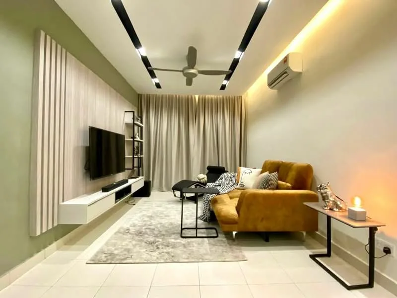 Living features: 3-seater fabric sofa in mustard yellow, 2-seater fabric sofa in grey, black coffee table, TV console with wall-mounted TV, area rug with neutral tones, floor-to-ceiling curtains in light fabric, recessed LED downlights, 5-blade ceiling fan, wall-mounted air conditioning unit, decorative items on side table, wall paneling with vertical stripes, light grey painted walls, white tiled flooring; style: modern.