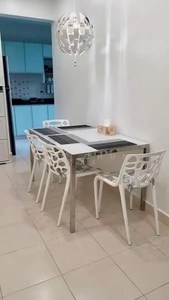 Dining features: rectangular dining table with white top and silver legs, 4 white plastic dining chairs with cut-out design, pendant light fixture with a modern design, cream tiled flooring, white painted walls, kitchen visible in the background; style: modern.