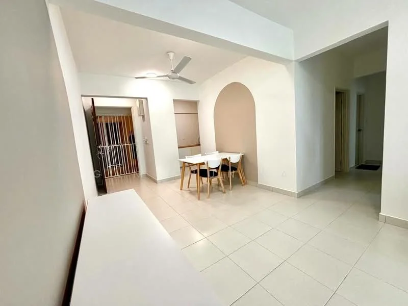 Dining features: white painted walls, tile flooring, 5-blade ceiling fan, dining table with 4 chairs, arched entryway, neutral color scheme, natural light from doorway, open layout; style: modern. Room features: light-colored walls, tile flooring, doorway leading to hallway, doorway leading to another room.