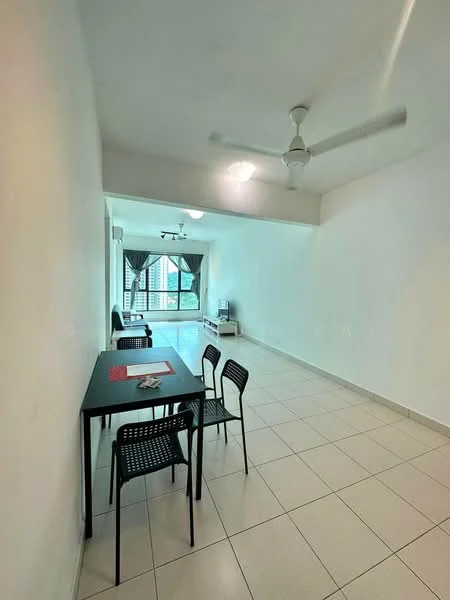 Living features: white painted walls, tile flooring, 5-blade ceiling fan, floor-to-ceiling windows, black dining table, 4 black chairs, curtains, TV console, light fixture, open layout; style: modern; view: city.