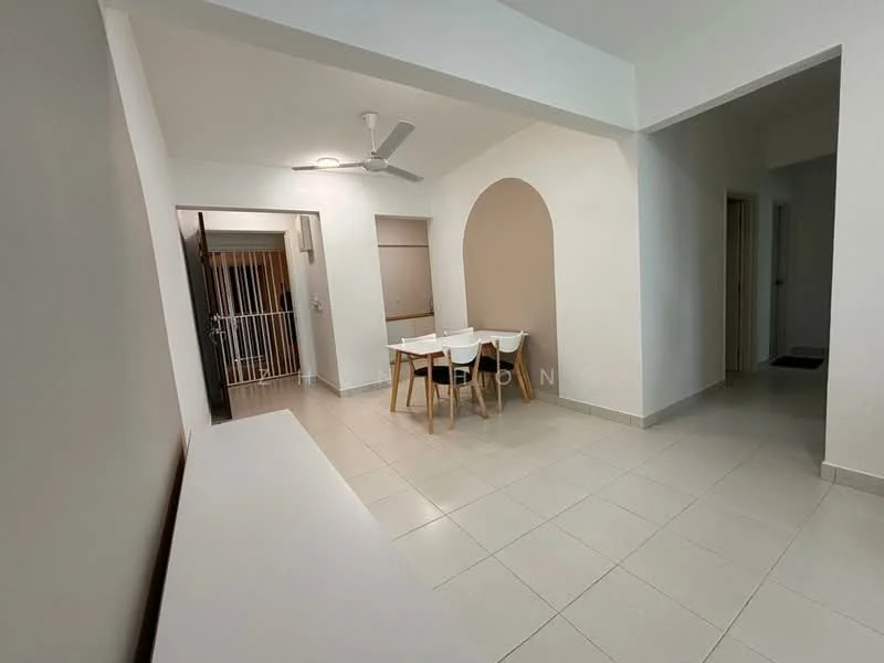 Dining features: white painted walls, tile flooring, 5-blade ceiling fan, dining table with 4 chairs, arched entryway, open layout, natural light from adjacent room, neutral color scheme; style: modern. Room features: white painted walls, tile flooring, doorway leading to another room, light fixture, open space.