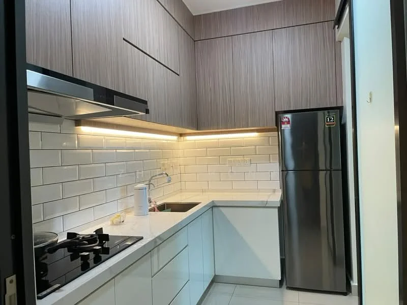 Kitchen features: white cabinetry, wooden upper cabinets, black countertop, stainless-steel sink, chrome pull-down faucet, built-in gas hob, stainless-steel range hood, white subway tile backsplash, stainless-steel fridge, LED under-cabinet lighting, ceramic tile flooring; style: modern.