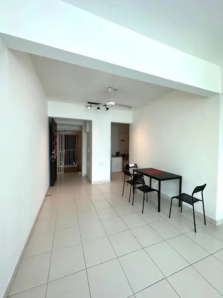 Dining features: white painted walls, tile flooring, ceiling with recessed downlights, 5-blade ceiling fan, dining table with black surface, 4 black chairs, open layout, natural light from windows; style: modern. Room features: white painted walls, tile flooring, open corridor leading to other rooms.