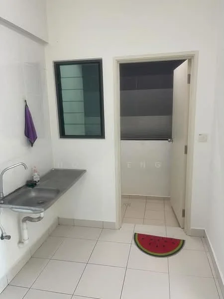 Laundry features: stainless-steel sink, wall-mounted faucet, white tiled walls, light grey tiled flooring, window with black frame, door leading to another room, watermelon-shaped mat.