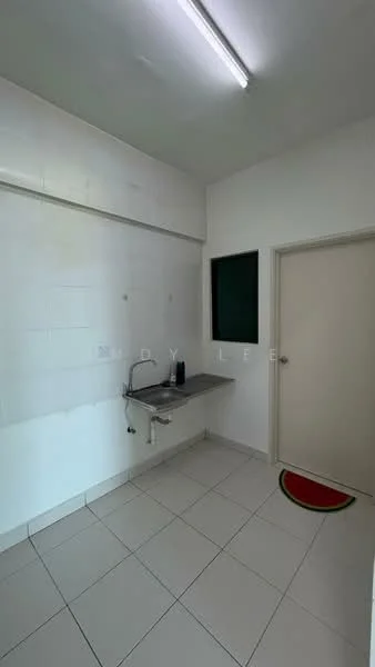 Laundry features: white tiled walls, white tiled flooring, single-bowl stainless-steel sink, chrome faucet, window with green frame, plain door, round red mat.