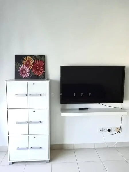 Living features: white painted walls, light-colored tiled flooring, flat-screen TV on wall-mounted shelf, white storage cabinet with drawers, framed artwork with floral design; style: modern.