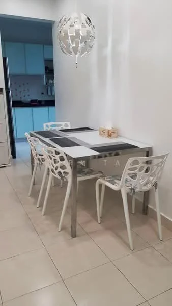 Dining features: rectangular dining table with white top and silver legs, 4 white plastic dining chairs with cut-out design, pendant light fixture with metallic finish, cream tiled flooring, white painted walls, open kitchen view in background; style: modern.