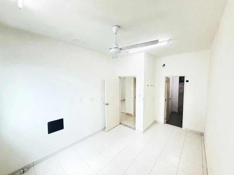 Room features: white painted walls, tile flooring, ceiling fan, doorway to adjacent rooms, light switch, wall-mounted electrical outlet, neutral color scheme, no visible furniture; style: minimalist.