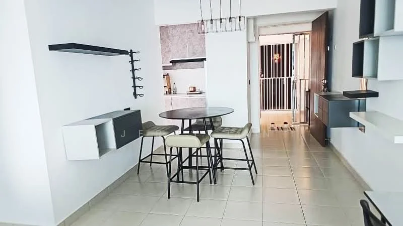 Dining features: round dining table, 4 upholstered dining chairs, white wall-mounted shelving, black metal frame, tile flooring, neutral wall colour, open layout to kitchen, glass sliding door, natural light from door; style: modern. Room features: white painted walls, kitchen area visible, bar counter with stools, light fixture above table.