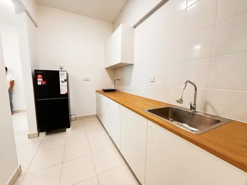 Kitchen features: black fridge, single-bowl stainless-steel sink, chrome pull-down faucet, wood countertop, white cabinetry, white tiled backsplash, ceramic tile flooring, under-cabinet lighting; style: modern.