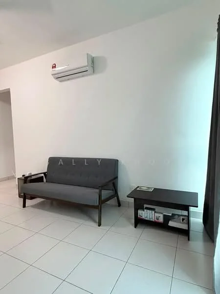Living features: grey fabric sofa, wooden legs on sofa, dark wood side table, white painted walls, tile flooring, wall-mounted split AC, curtains, decorative items on side table; style: modern.