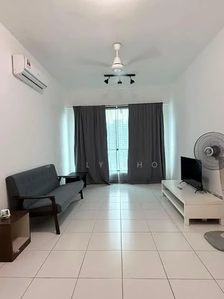Living features: white painted walls, tile flooring, 5-blade ceiling fan with light, floor-to-ceiling windows, grey curtains, sofa in grey fabric, wooden side table, TV console in white, wall-mounted TV, standing fan; style: modern; view: city.