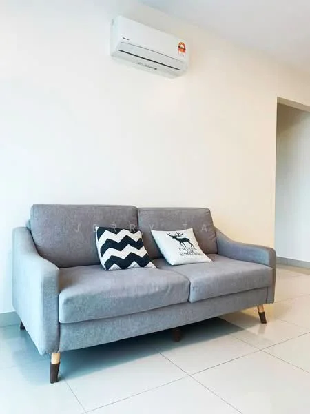 Living features: 3-seater fabric sofa in grey, decorative cushion with geometric pattern, decorative cushion with animal print, white painted walls, glossy tile flooring, wall-mounted split AC; style: modern.
