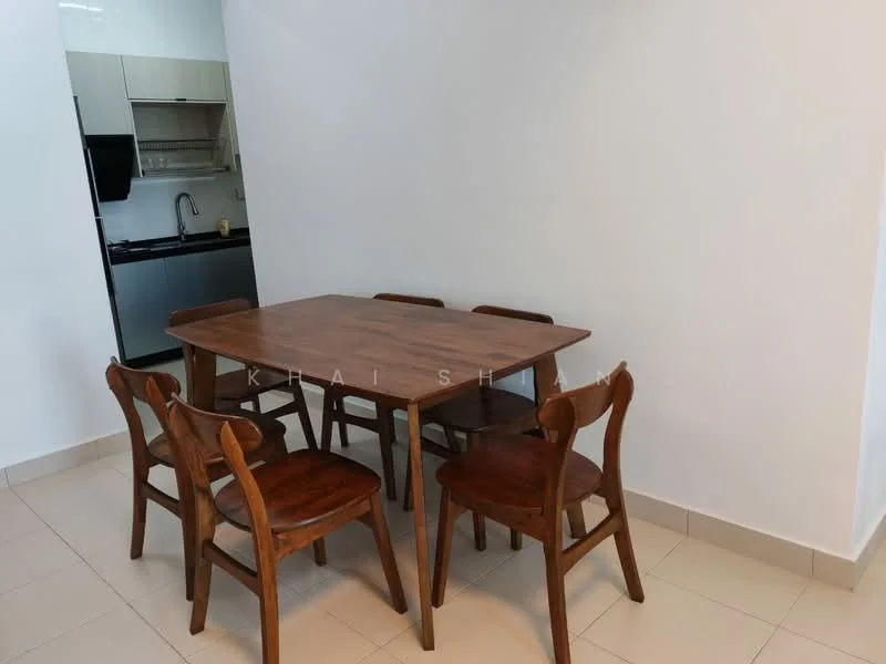 Dining features: wooden dining table, 6 wooden dining chairs, white painted walls, cream tiled flooring, open layout to kitchen, kitchen visible in background; style: modern.