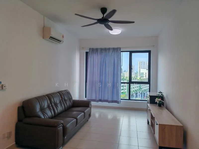 Living features: 3-seater leather sofa in brown, wall-mounted TV console, floor-to-ceiling window, purple sheer curtains, white painted walls, ceiling fan with light, wall-mounted split AC, tile flooring; style: modern; view: city.