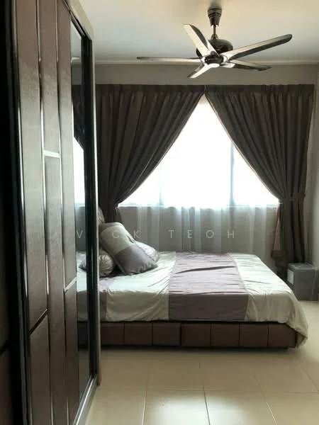 Bedroom features: queen-size bed with beige and purple bedding, upholstered headboard, 2 bedside pillows, floor-to-ceiling window with sheer curtains, dark brown wooden wardrobe with mirrored doors, ceiling fan, light-colored tiled flooring, decorative wall with neutral tones; style: modern.
