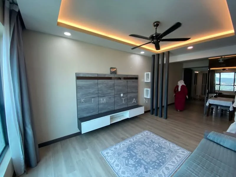 Living features: grey fabric sofa, 3-seater sofa, wooden TV console with storage, decorative wall paneling, recessed LED downlights, ceiling fan, large windows with city view, area rug with geometric pattern, wooden flooring, curtains, wall-mounted artwork; style: modern; view: city.