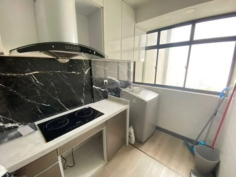 Kitchen features: black marble backsplash, white countertop, built-in induction cooktop, stainless-steel range hood, single-bowl stainless-steel sink, window with city view, top-load washing machine, light wood flooring, white cabinetry, clean lines, minimalist design; style: modern; view: city.