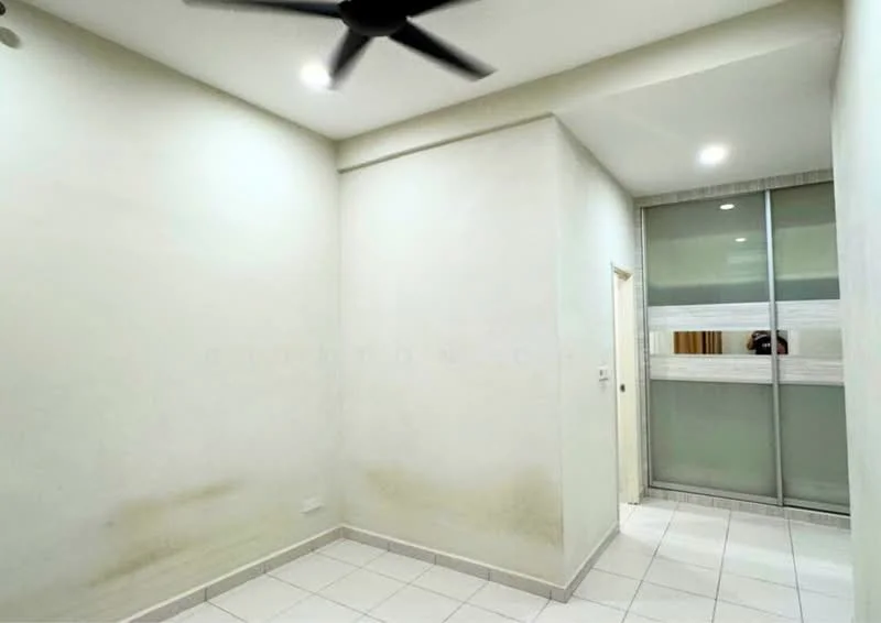 Room features: white painted walls with stains, ceiling fan, tile flooring, glass sliding door, neutral color scheme, corner room, natural light from sliding door; style: modern.