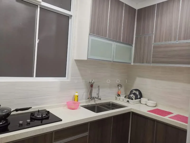 Kitchen features: brown wood cabinetry, white quartz countertop, double-bowl stainless-steel sink, chrome pull-down faucet, 4-burner gas hob, wall-mounted range hood, ceramic tile backsplash, pink dish mat, white bowls, kitchen utensils, window with white frame; style: modern.