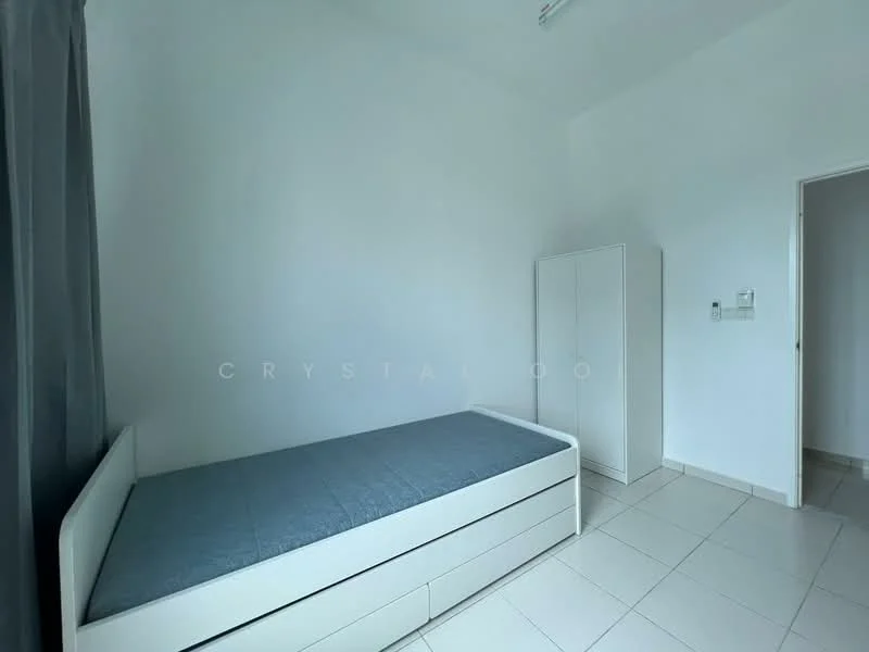 Bedroom features: single bed frame with mattress, white wardrobe, grey curtains, white painted walls, tile flooring, ceiling light fixture, door leading to hallway; style: minimalist.