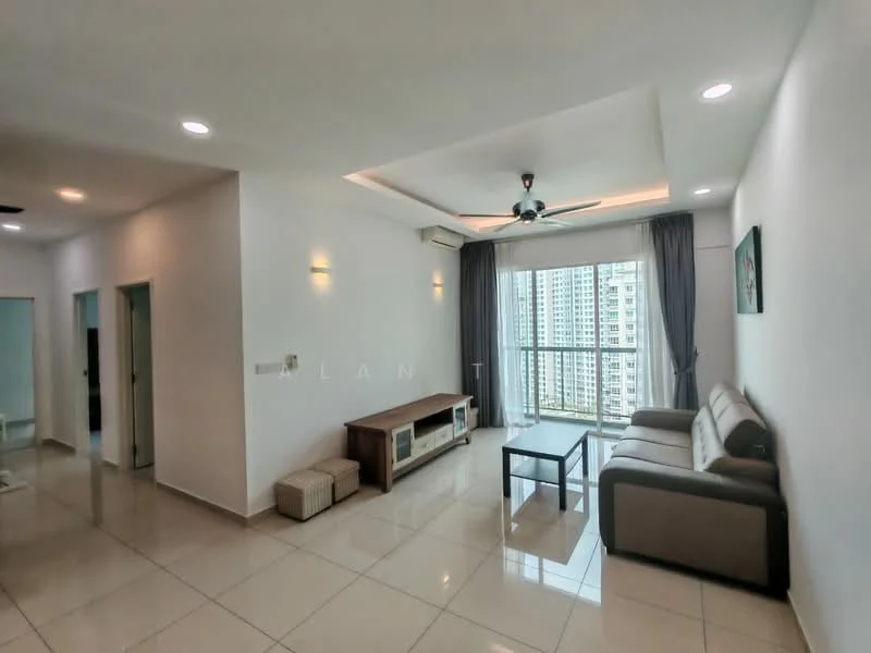 Living features: white painted walls, glossy ceramic tile flooring, tray ceiling with recessed lighting, 5-blade ceiling fan with light, floor-to-ceiling windows, grey fabric sofa, wooden TV console, decorative wall art, curtains, natural light from windows; style: modern; view: city. Room features: white painted walls, glossy ceramic tile flooring, doorway leading to other rooms.