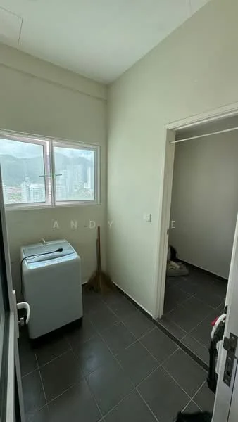 Laundry features: washing machine, grey tile flooring, white painted walls, window with city view, broom, door leading to another room; view: city.