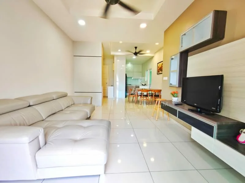 Living features: 3-seater leather sofa in light grey, flat-screen TV on wall-mounted console, white wall with decorative panel, recessed ceiling lights, ceiling fan, glossy white tile flooring, open layout to dining area, large windows for natural light; style: modern. Dining features: wooden dining table for 6, wooden dining chairs, decorative wall art, open layout to living area; style: modern.