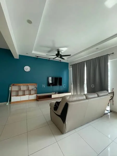 Living features: light grey leather sofa, 3-seater sofa, wall-mounted TV, wood TV console, white clock on wall, ceiling fan with light, recessed downlights, blue accent wall, large windows with grey curtains, white tiled flooring, open shelving unit, decorative wall shelf; style: modern.