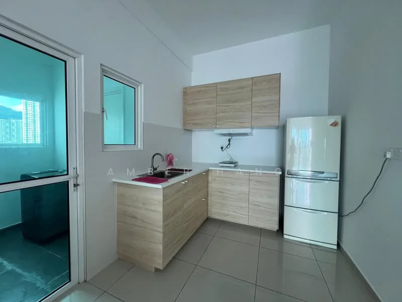 Kitchen features: laminate cabinetry in light wood finish, white countertop, single-bowl stainless-steel sink, chrome pull-down faucet, built-in stove, freestanding fridge in white, ceramic tile flooring, wall-mounted extractor hood, window with clear glass, neutral painted walls; style: modern; view: city.