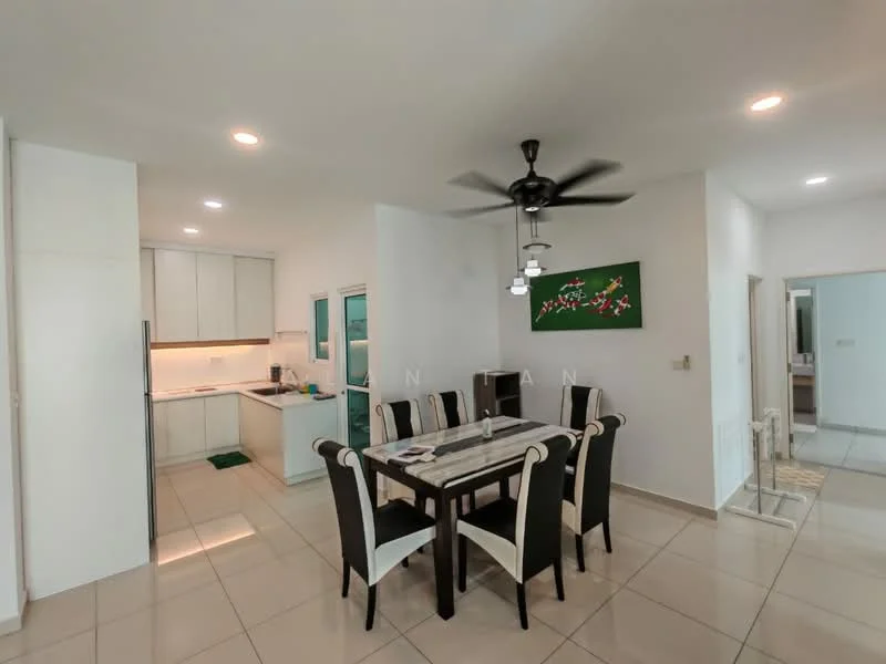 Dining features: 6-seater dining table with black and white chairs, ceiling fan with light, white walls, tile flooring, decorative wall art, open layout to kitchen, recessed lighting, large windows for natural light; style: modern. Kitchen features: white cabinetry, black countertop, built-in oven, stainless-steel sink, single-bowl stainless-steel sink, chrome pull-down faucet, kitchen island, tile backsplash; style: modern.