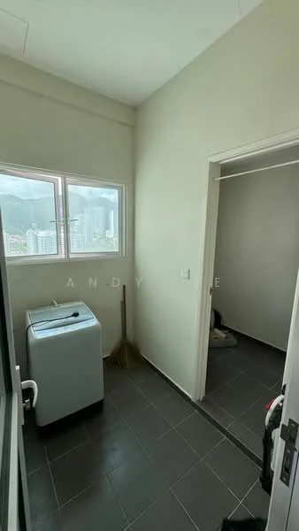 Laundry features: washing machine, grey tile flooring, white painted walls, window with city view, door leading to another room, broom, corner with space for storage; view: city.
