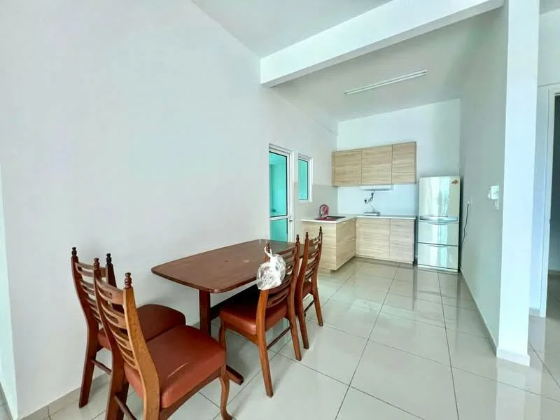 Dining features: wooden dining table, 4 wooden dining chairs, white painted walls, tile flooring, refrigerator, kitchen cabinetry, stainless-steel sink, countertop, kitchen wall with backsplash, window with natural light; style: modern. Kitchen features: kitchen cabinetry, stainless-steel refrigerator, white countertop, single-bowl stainless-steel sink, kitchen faucet, tile flooring, white painted walls; style: modern.