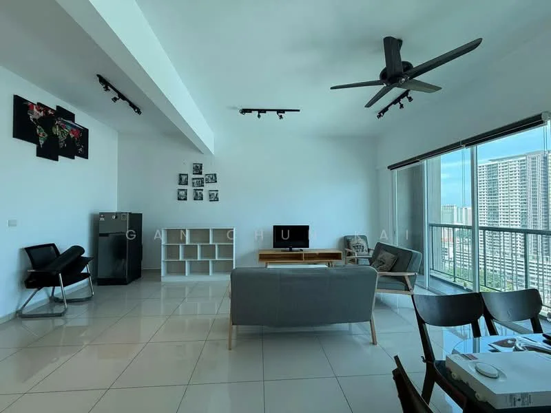 Living features: white painted walls, polished ceramic tile flooring, 5-blade ceiling fan with light, recessed LED downlights, floor-to-ceiling windows, blackout roller blinds, sofa in light grey fabric, wooden coffee table, TV console, wall-mounted TV, open shelving unit, framed artwork, decorative wall art, black leather chair; style: modern; view: city.